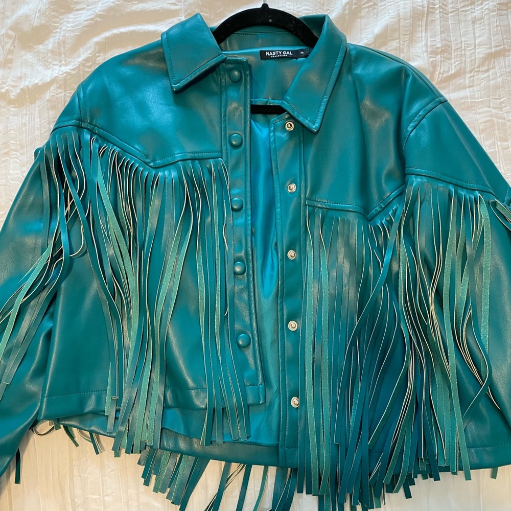 Nasty Gal Blue Fringe Leather Jacket